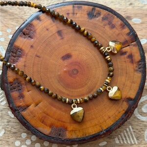 Gorgeous Tiger’s Eye Heart Charm Necklace With Gold Plated Lobster Claw Clasp